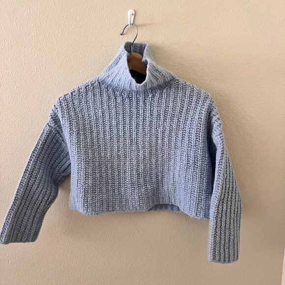 Revolve Weekend Stories Baby Blue Chunky Knit Wool Mohair Blend Crop Sweater XS  - Picture 3 of 7